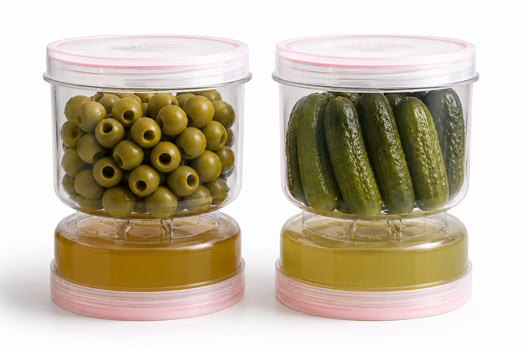 Tarro Escurridor para Pepinillos y Aceitunas con Filtro Separador + Tapa Hermética