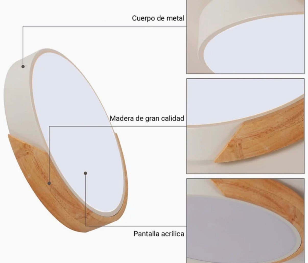 Lámpara de techo Plafón LED 18W 30cm con detalle en madera Luz Fría, Cálida y Neutra con control remoto
