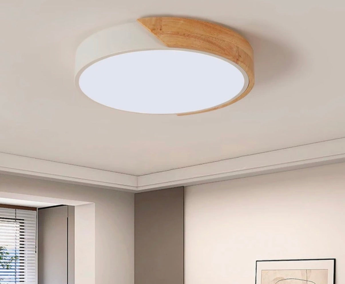 Lámpara de techo Plafón LED 18W 30cm con detalle en madera Luz Fría, Cálida y Neutra con control remoto