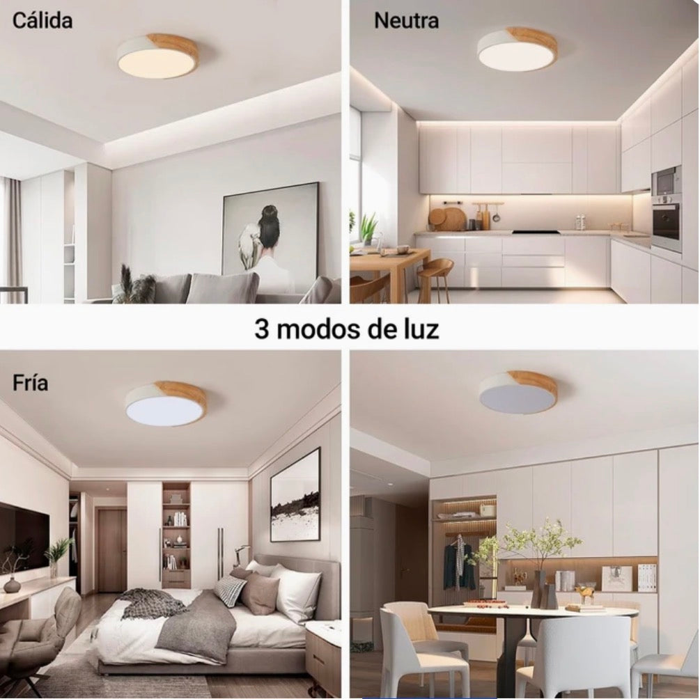 Lámpara de techo Plafón LED 18W 30cm con detalle en madera Luz Fría, Cálida y Neutra con control remoto