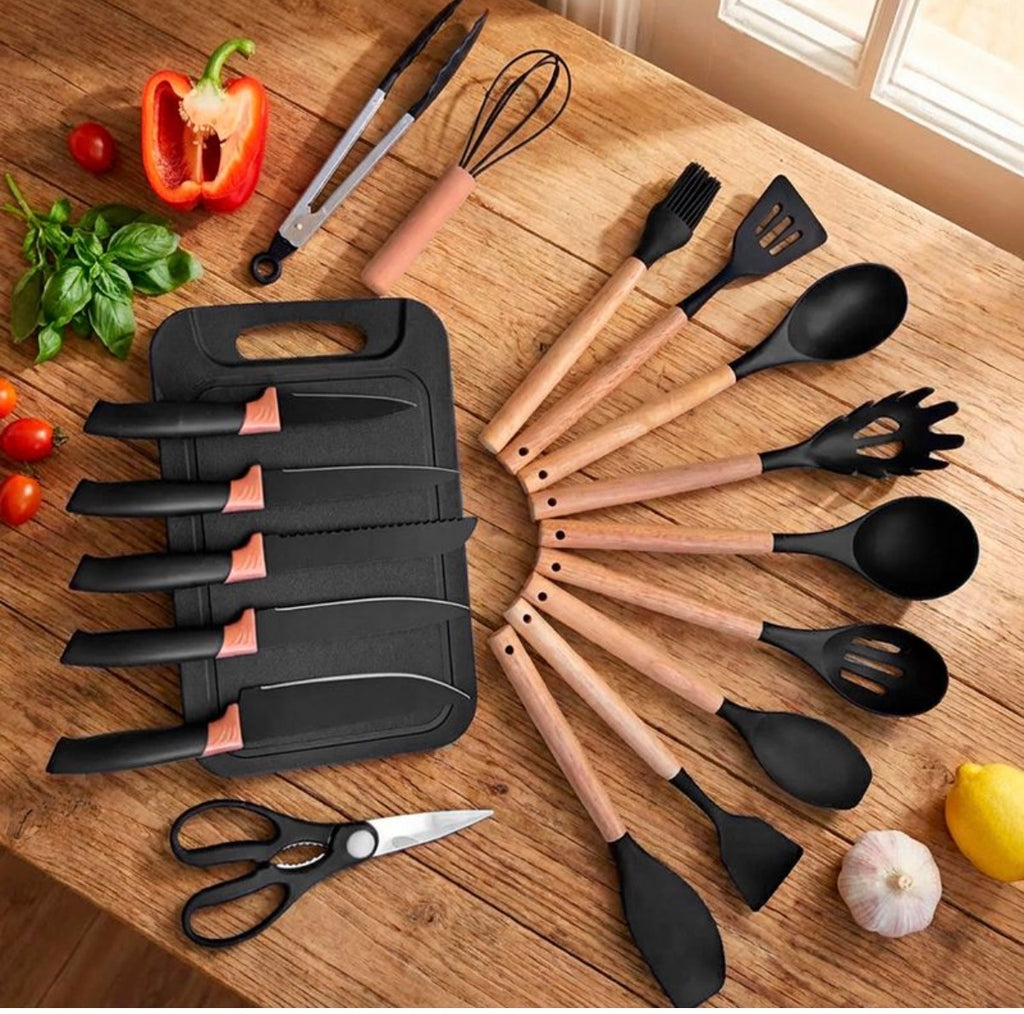 Set de cocina 19 piezas con juego de Menage de madera y silicona, Set de cuchillos, Tabla de picar, y soporte de almacenamiento