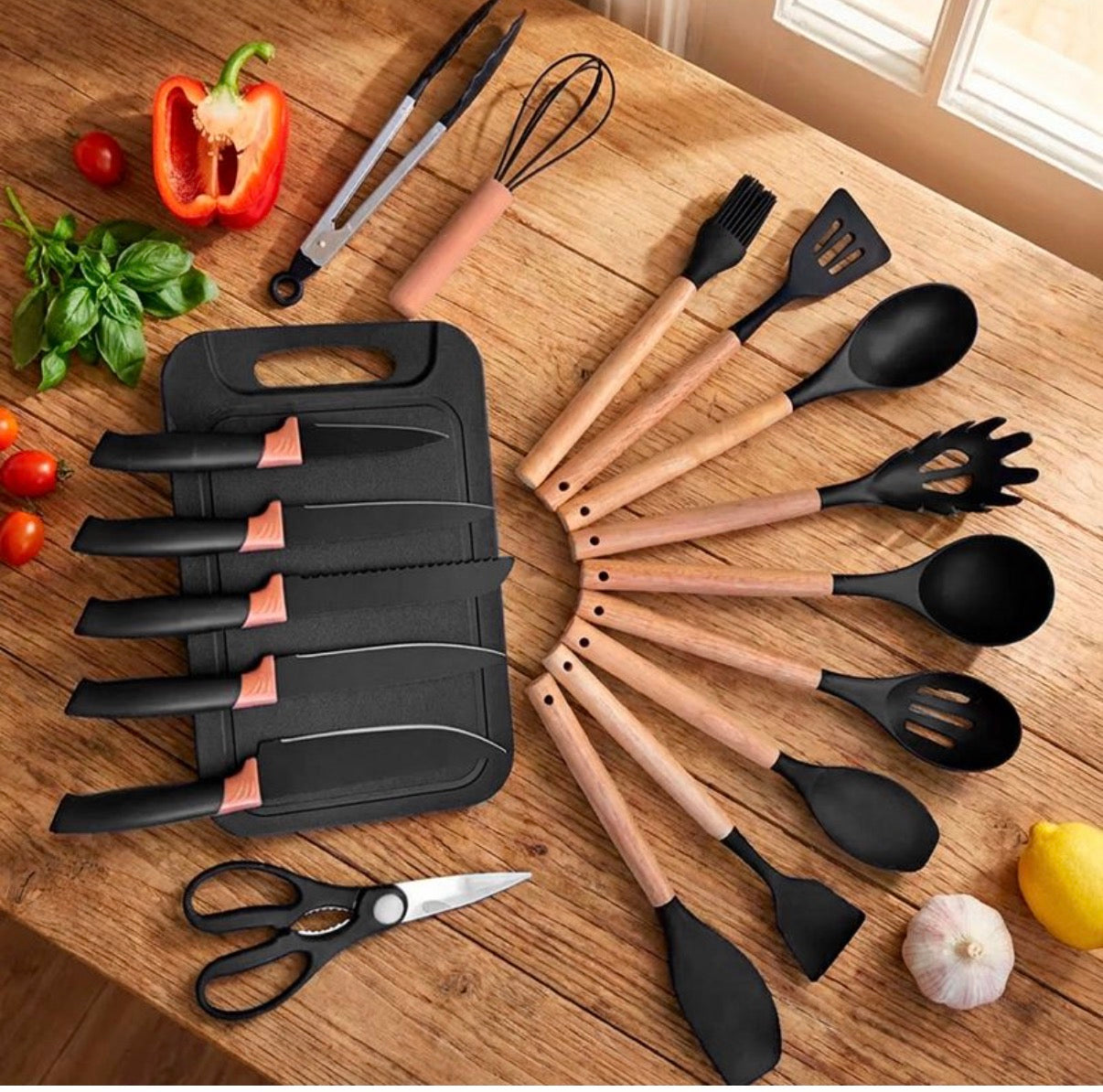 Set de cocina 19 piezas con juego de Menage de madera y silicona, Set de cuchillos, Tabla de picar, y soporte de almacenamiento