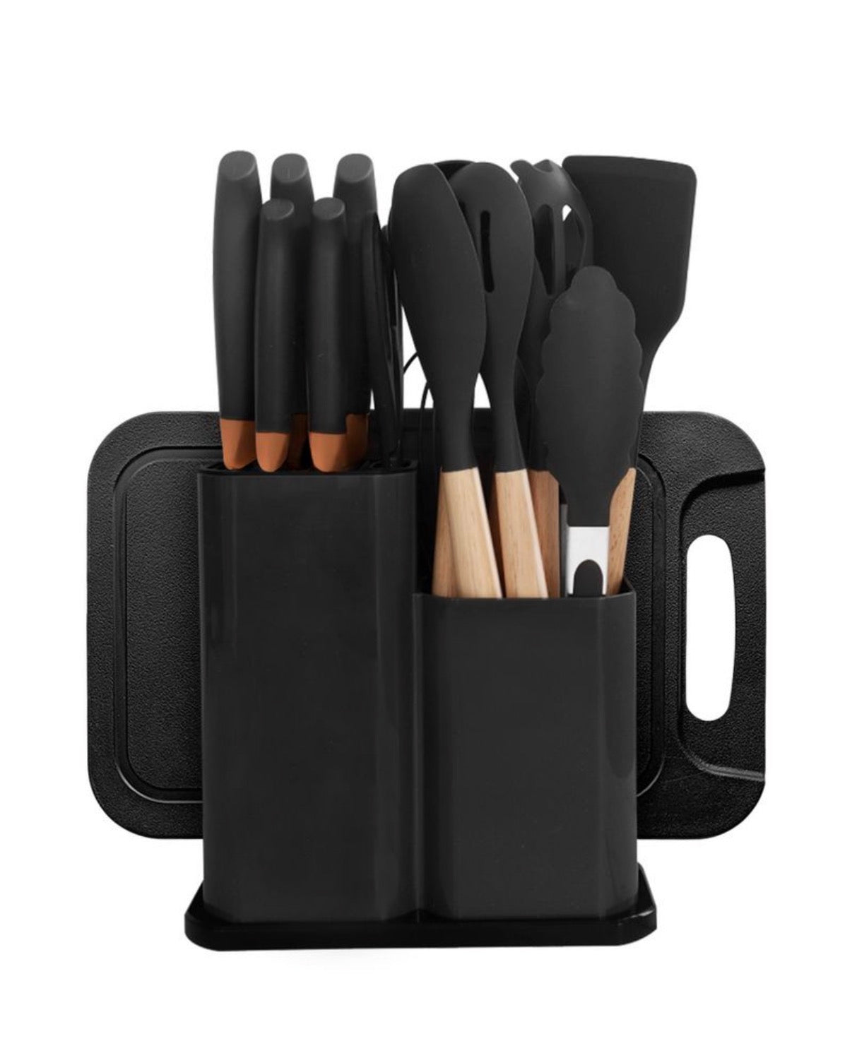 Set de cocina 19 piezas con juego de Menage de madera y silicona, Set de cuchillos, Tabla de picar, y soporte de almacenamiento