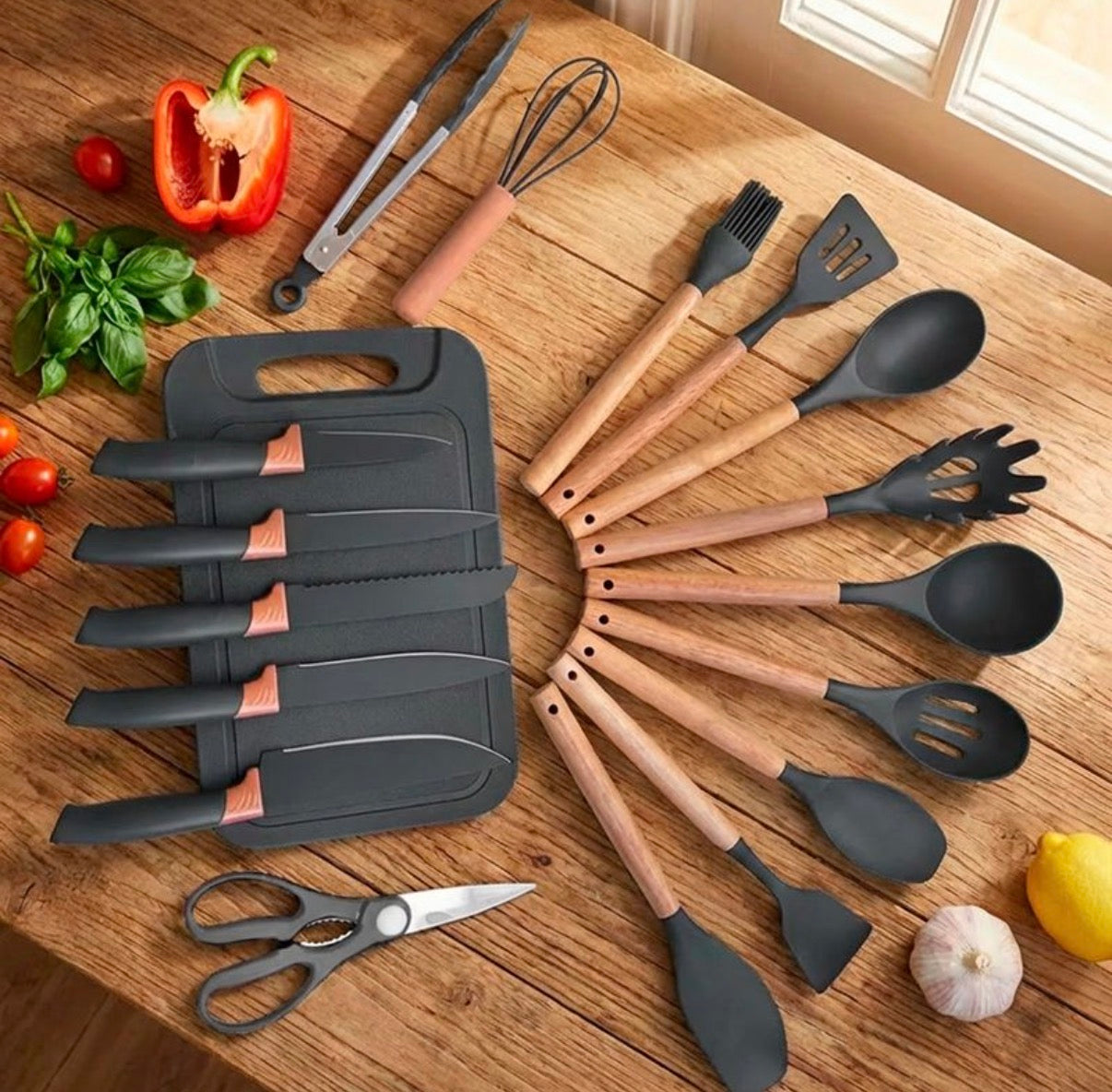 Set de cocina 19 piezas con juego de Menage de madera y silicona, Set de cuchillos, Tabla de picar, y soporte de almacenamiento