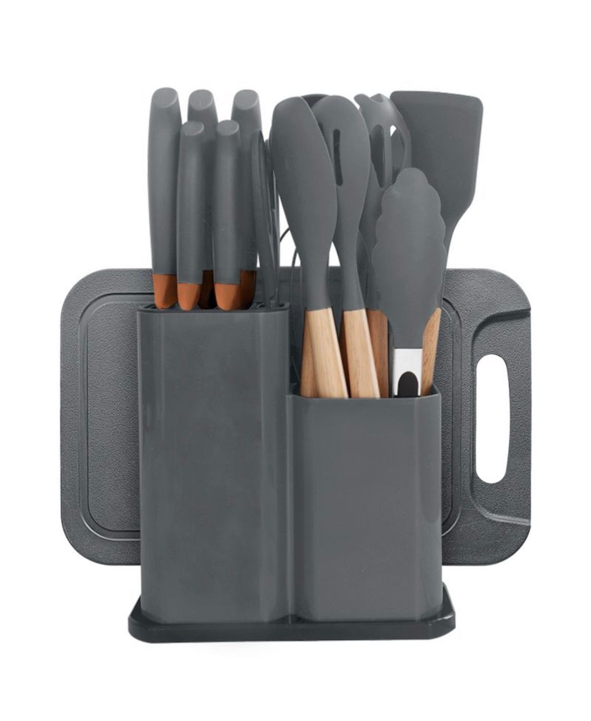 Set de cocina 19 piezas con juego de Menage de madera y silicona, Set de cuchillos, Tabla de picar, y soporte de almacenamiento