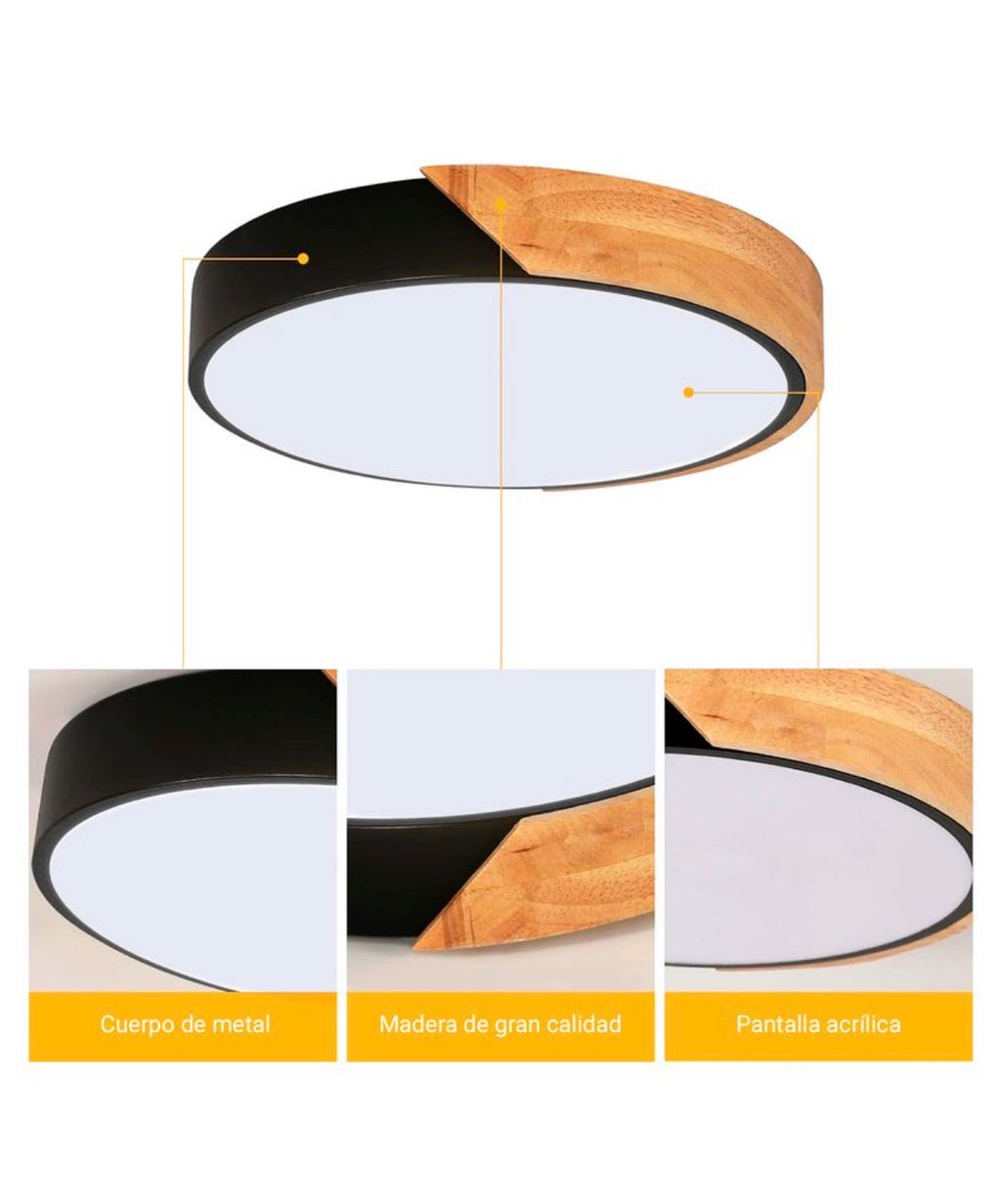 Lámpara de techo Plafón LED 18W 30cm con detalle en madera Luz Fría, Cálida y Neutra con control remoto