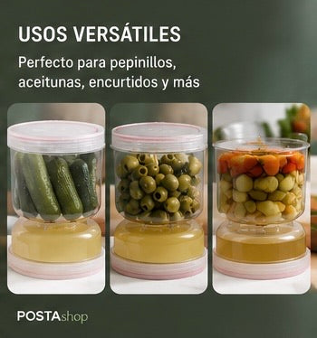 Tarro Escurridor para Pepinillos y Aceitunas con Filtro Separador + Tapa Hermética