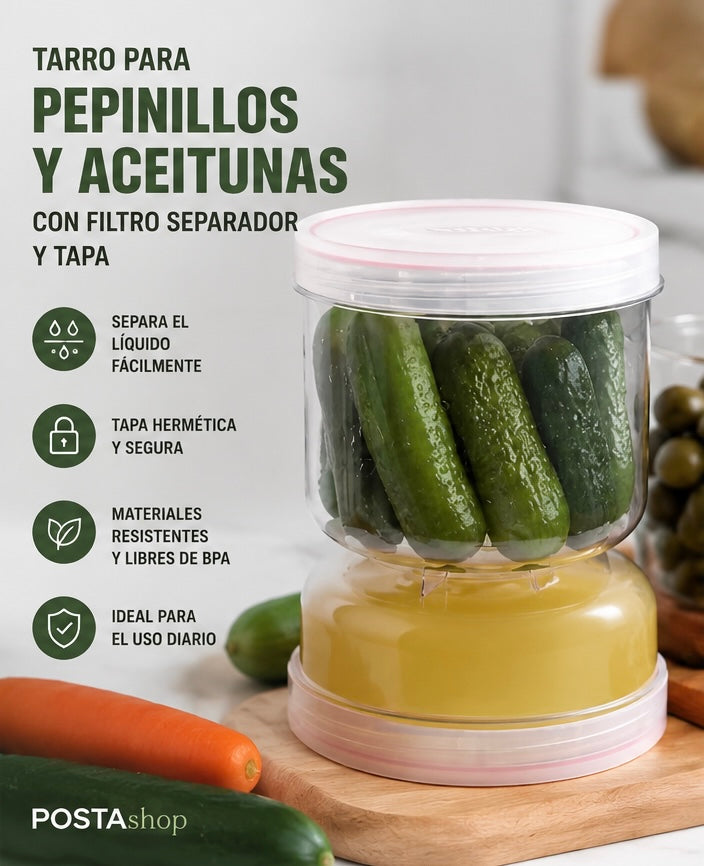 Tarro Escurridor para Pepinillos y Aceitunas con Filtro Separador + Tapa Hermética