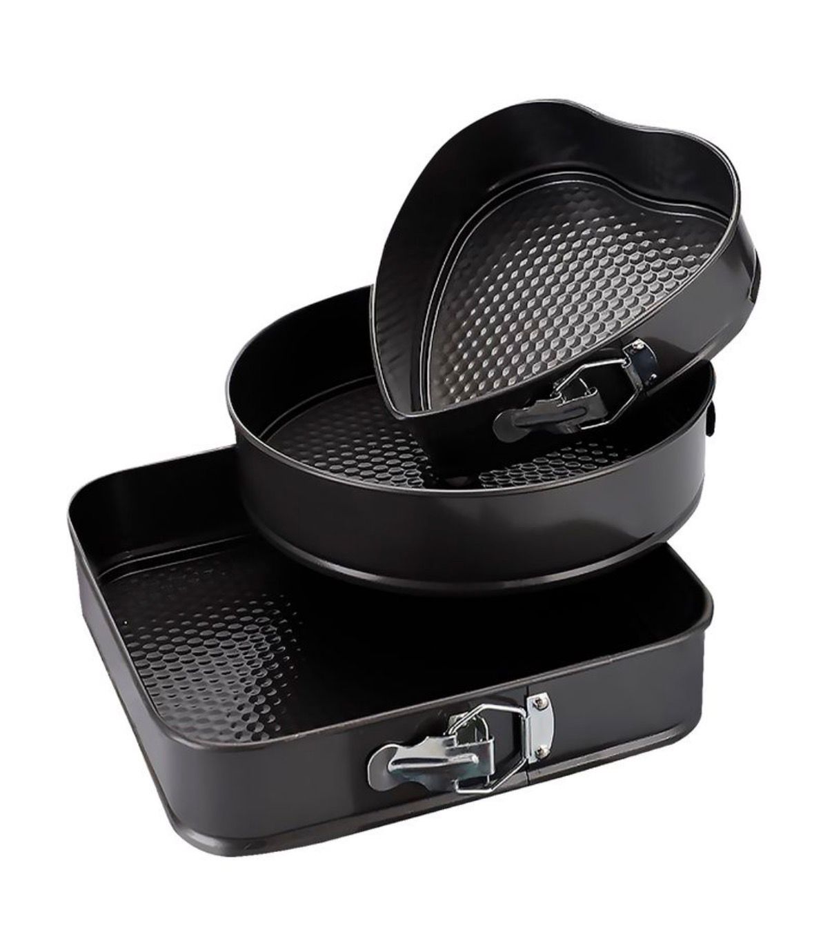 Set de 3 Asaderas Moldes, Desmontables y Antiadherentes, Cuadrada de 28cm, Redonda 26cm y Corazón 24cm