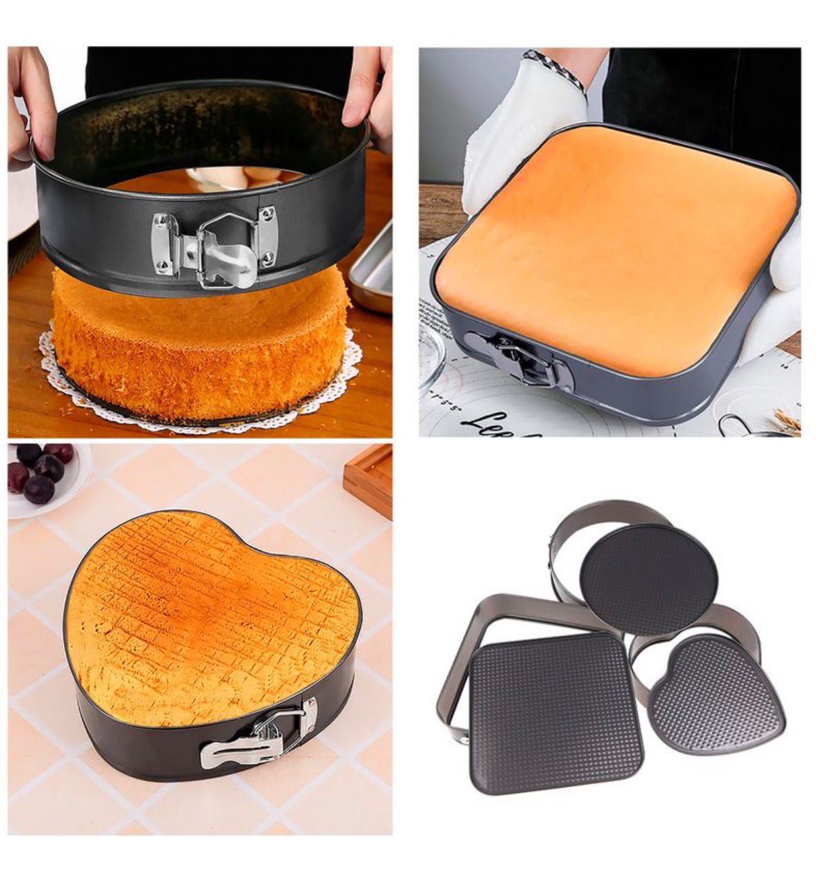Set de 3 Asaderas Moldes, Desmontables y Antiadherentes, Cuadrada de 28cm, Redonda 26cm y Corazón 24cm