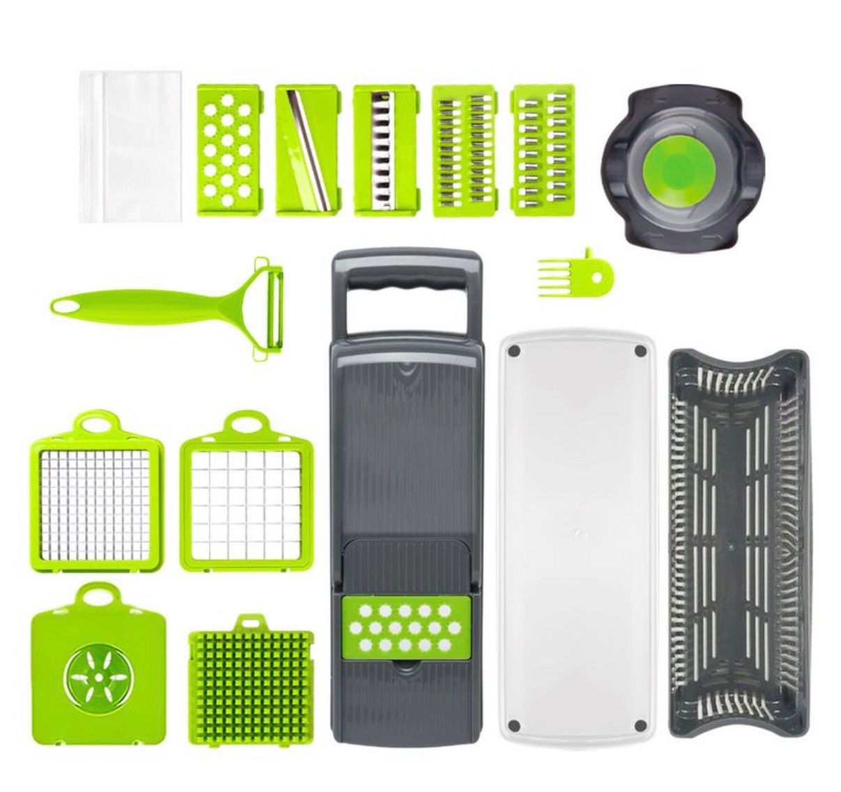 Cortador Rallador Rebanador Multifuncional de 16 Piezas ABS y Acero Inoxidable para Vegetales, Verduras, Frutas, Quesos