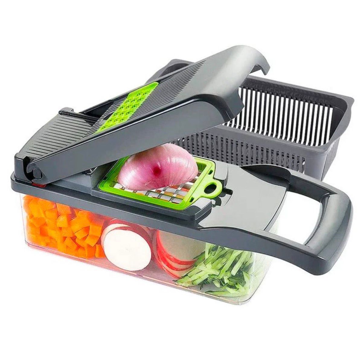 Cortador Rallador Rebanador Multifuncional de 16 Piezas ABS y Acero Inoxidable para Vegetales, Verduras, Frutas, Quesos
