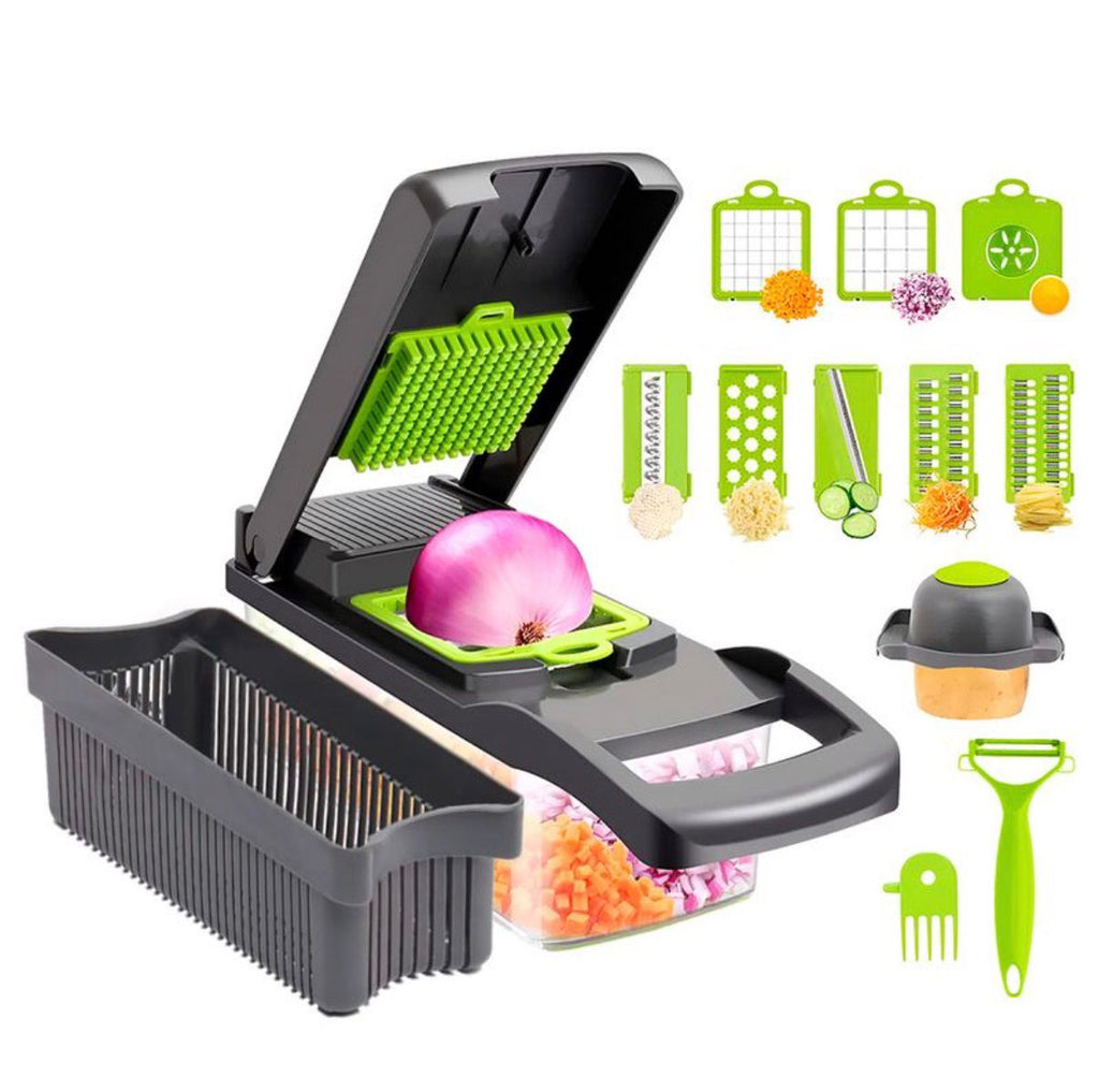 Cortador Rallador Rebanador Multifuncional de 16 Piezas ABS y Acero Inoxidable para Vegetales, Verduras, Frutas, Quesos
