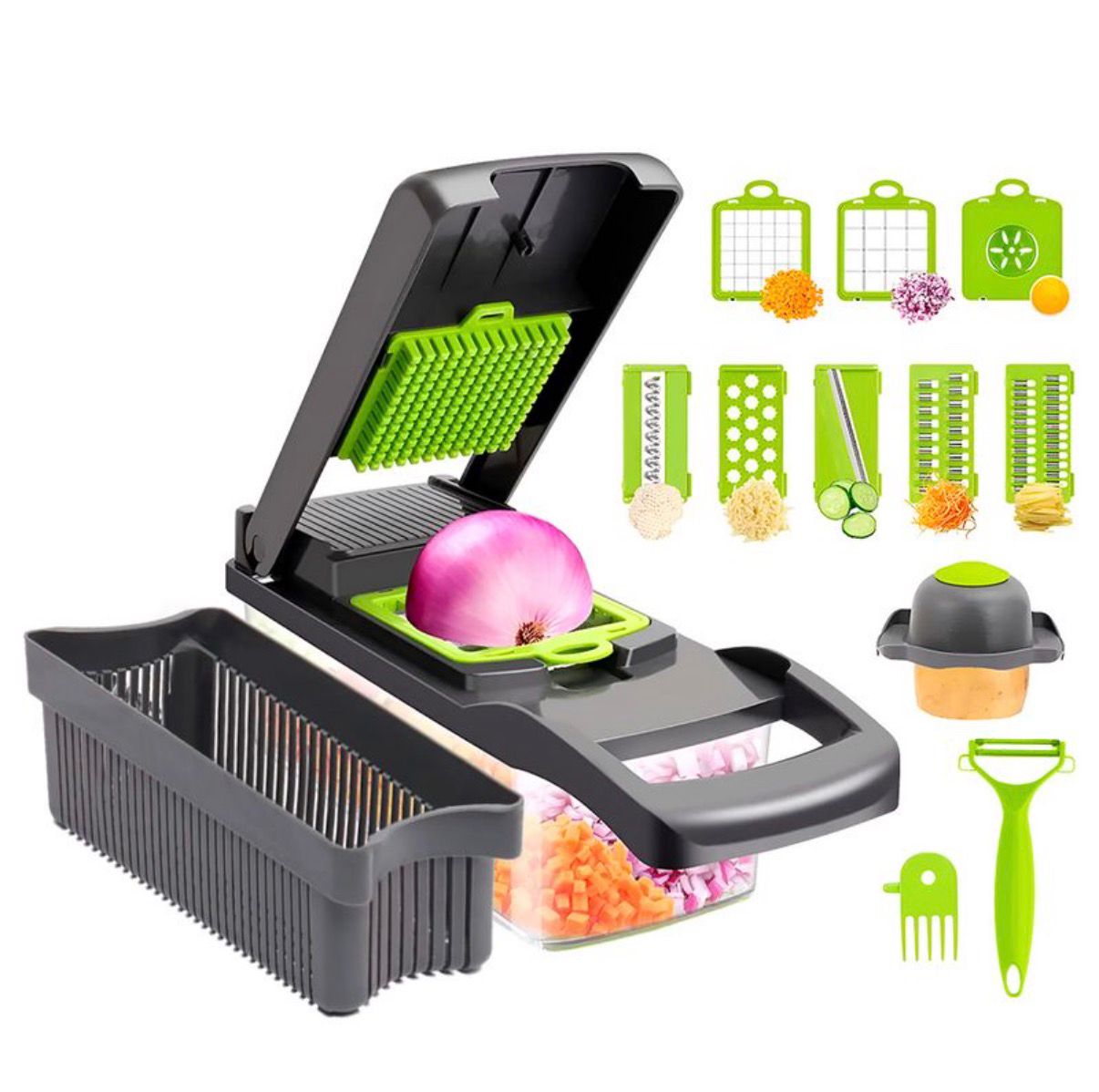 Cortador Rallador Rebanador Multifuncional de 16 Piezas ABS y Acero Inoxidable para Vegetales, Verduras, Frutas, Quesos