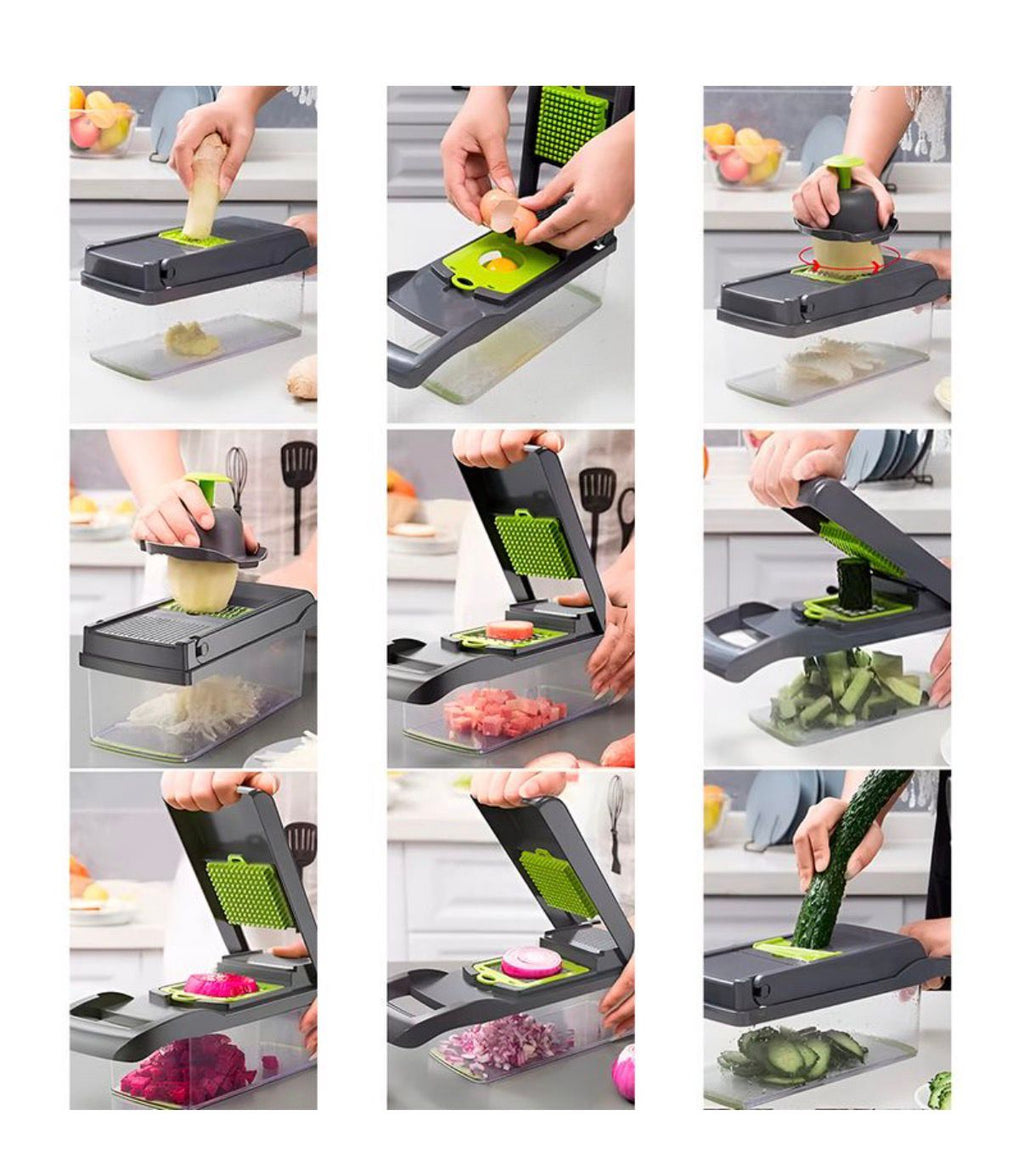 Cortador Rallador Rebanador Multifuncional de 16 Piezas ABS y Acero Inoxidable para Vegetales, Verduras, Frutas, Quesos